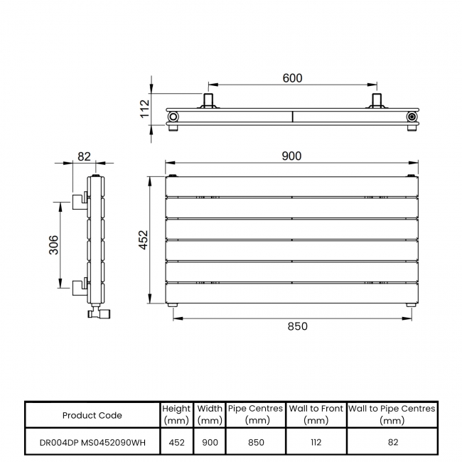 Vogue Fly Line Double Designer Horizontal Radiator 452mm H x 900mm W - White  | Dimension Image