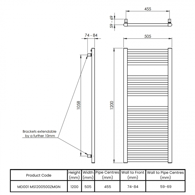 Vogue Focus Colours Straight Heated Ladder Towel Rail 1200mm H x 500mm W - Moss Green  | Dimension Image