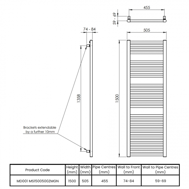 Vogue Focus Colours Straight Heated Ladder Towel Rail 1500mm H x 500mm W - Moss Green  | Dimension Image