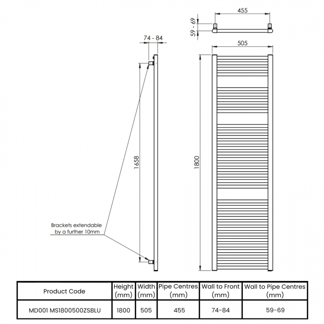 Vogue Focus Colours Straight Heated Ladder Towel Rail 1800mm H x 500mm W - Steel Blue  | Dimension Image
