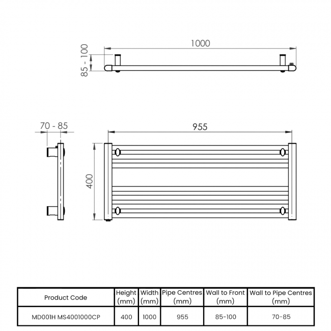Vogue Focus Horizontal Straight Heated Ladder Towel Rail 400mm H x 1000mm W - Chrome  | Dimension Image