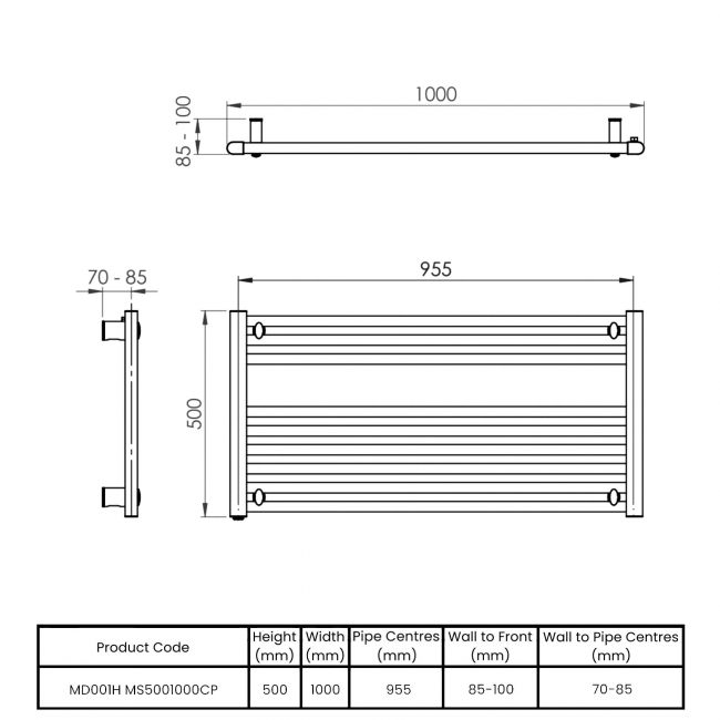 Vogue Focus Horizontal Straight Heated Ladder Towel Rail 500mm H x 1000mm W - Chrome  | Dimension Image