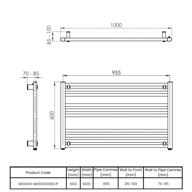 Vogue Focus Horizontal Straight Heated Ladder Towel Rail 600mm H x 1000mm W - Chrome  | Dimension Image