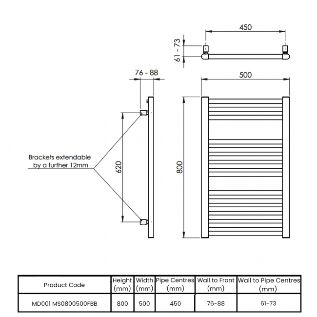 Vogue Focus Metallics Straight Heated Ladder Towel Rail 800mm H x 500mm W - Brushed Bronze  | Dimension Image
