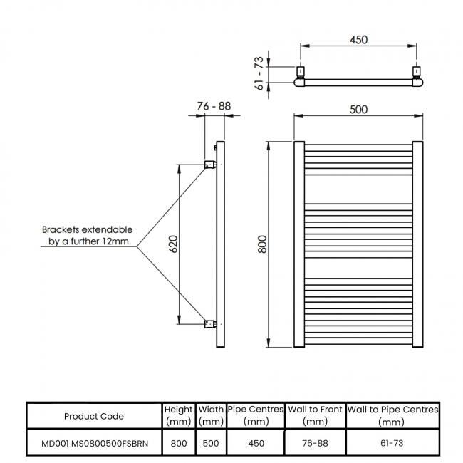 Vogue Focus Metallics Straight Heated Ladder Towel Rail 800mm H x 500mm W - Satin Brushed Nickel  | Dimension Image