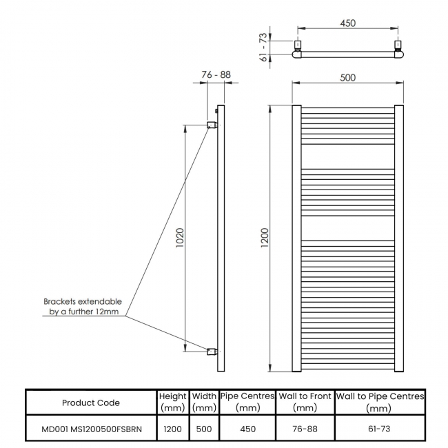 Vogue Focus Metallics Straight Heated Ladder Towel Rail 1200mm H x 500mm W - Satin Brushed Nickel  | Dimension Image