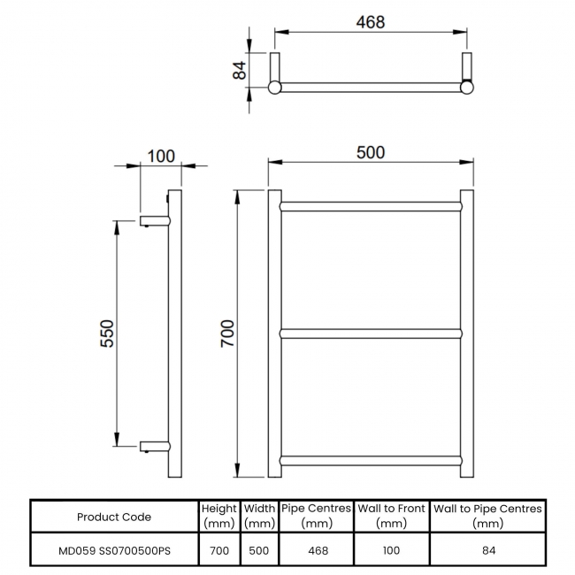 Vogue Galaxy Straight Heated Ladder Towel Rail 700mm H x 500mm W - Polished Stainless Steel  | Dimension Image