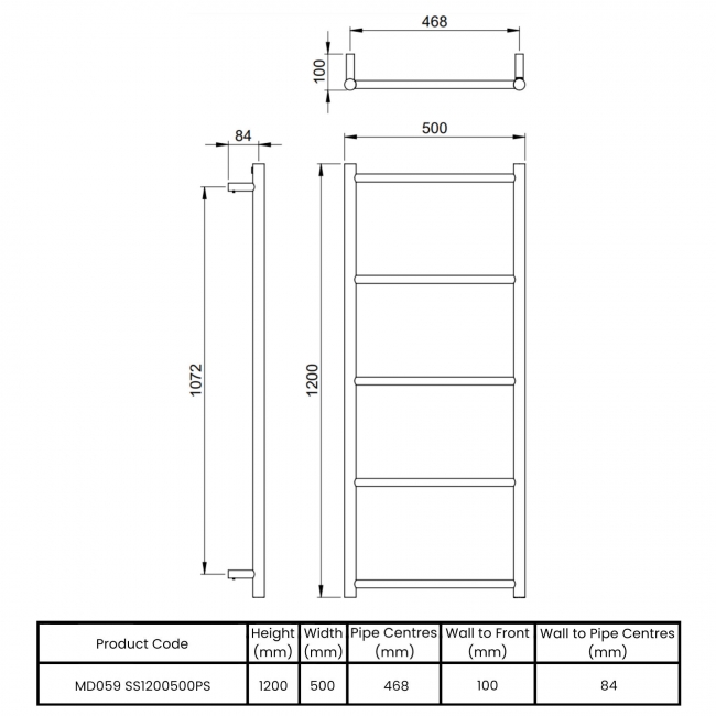 Vogue Galaxy Straight Heated Ladder Towel Rail 1200mm H x 500mm W - Polished Stainless Steel  | Dimension Image