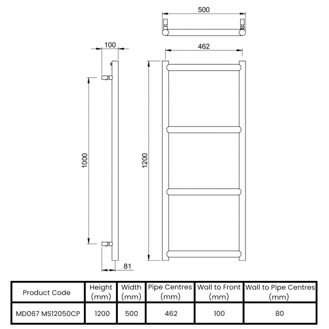 Vogue Grace Heated Towel Rail 1200mm H x 500mm W - Chrome  | Dimension Image