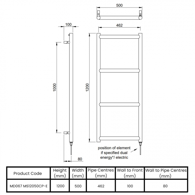 Vogue Grace Electric Heated Towel Rail 1200mm H x 500mm W - Chrome  | Dimension Image