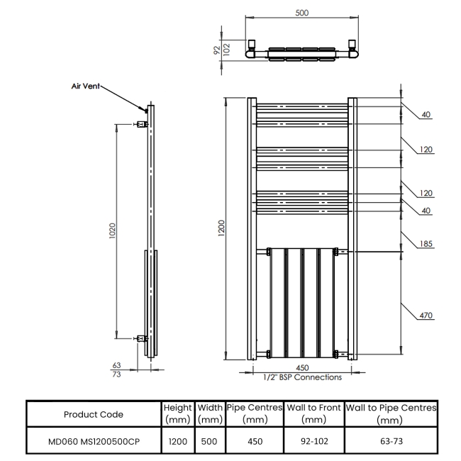 Vogue Harmonique Designer Heated Towel Rail 1200mm H x 500mm W - Chrome  | Dimension Image