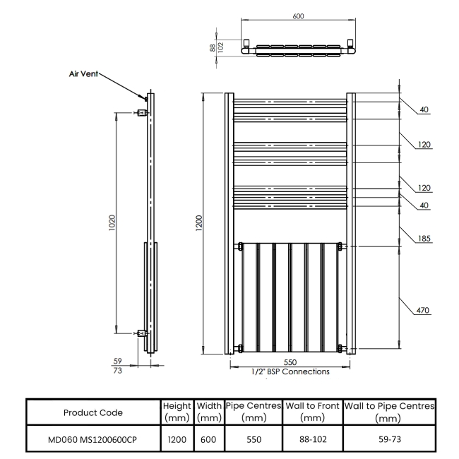 Vogue Harmonique Designer Heated Towel Rail 1200mm H x 600mm W - Chrome  | Dimension Image