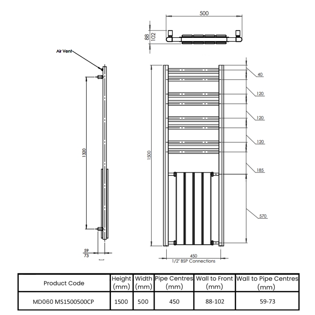 Vogue Harmonique Designer Heated Towel Rail 1500mm H x 500mm W - Chrome  | Dimension Image