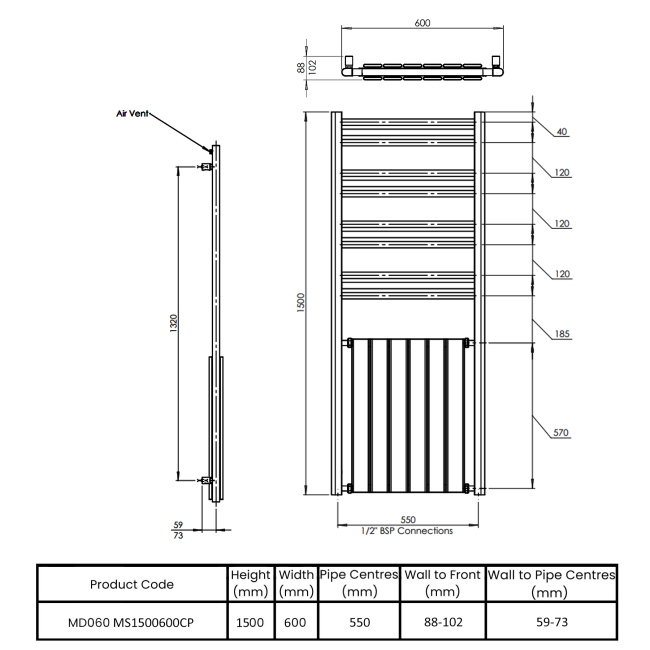 Vogue Harmonique Designer Heated Towel Rail 1500mm H x 600mm W - Chrome  | Dimension Image