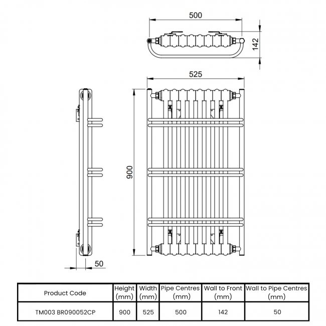 Vogue Nexus Grand III Heated Radiator Towel Rail 900mm H x 525mm W - Chrome/White  | Dimension Image