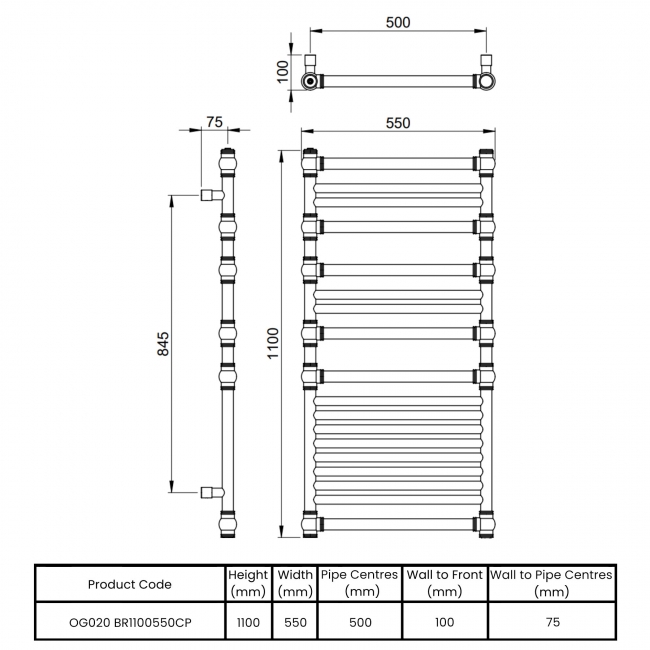 Vogue Penthouse Wall Mounted Heated Towel Rail 1100mm H x 550mm W - Chrome  | Dimension Image