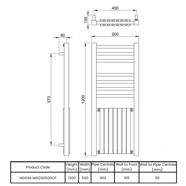 Vogue Quadrate Harmonique Designer Heated Towel Rail 1200mm H x 500mm W - Chrome  | Dimension Image