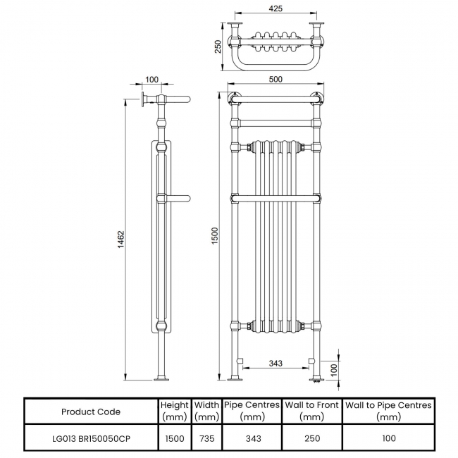 Vogue Regency Tall Heated Radiator Towel Rail 1500mm H x 500mm W - Chrome/White  | Dimension Image