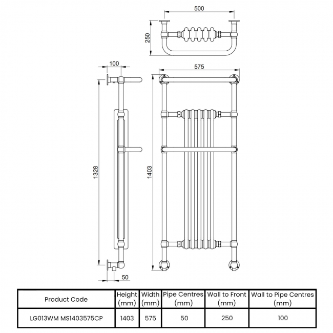 Vogue Regency Tall Heated Radiator Towel Rail 1403mm H x 575mm W - Chrome/White  | Dimension Image