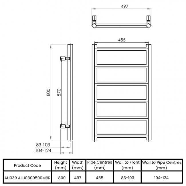 Vogue Rhomba Designer Heated Towel Rail 800mm H x 500mm W - Matt Bronze  | Dimension Image