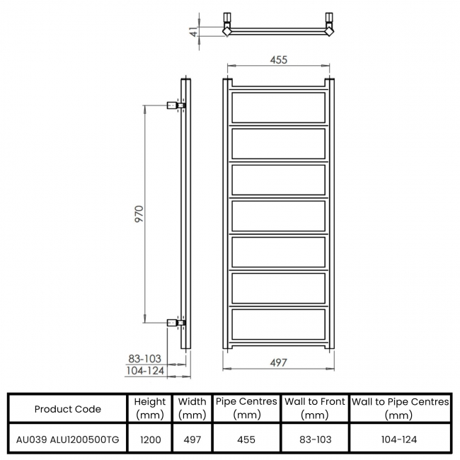 Vogue Rhomba Designer Heated Towel Rail 1200mm H x 500mm W - Textured Grey  | Dimension Image