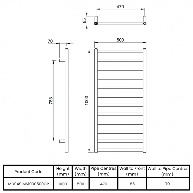 Vogue Serene Designer Heated Towel Rail 1000mm H x 500mm W - Chrome  | Dimension Image