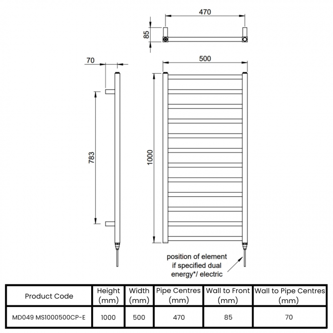 Vogue Serene Designer Electric Heated Towel Rail 1000mm H x 500mm W - Chrome  | Dimension Image