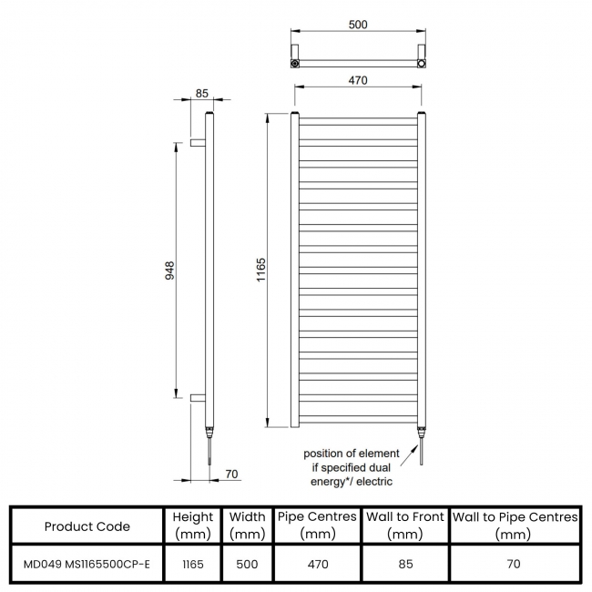 Vogue Serene Designer Electric Heated Towel Rail 1165mm H x 500mm W - Chrome  | Dimension Image