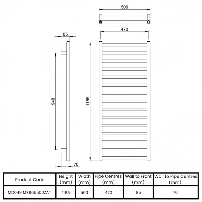 Vogue Serene Designer Heated Towel Rail 1165mm H x 500mm W - Anthracite  | Dimension Image