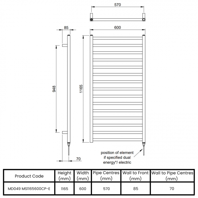 Vogue Serene Designer Electric Heated Towel Rail 1165mm H x 600mm W - Chrome  | Dimension Image