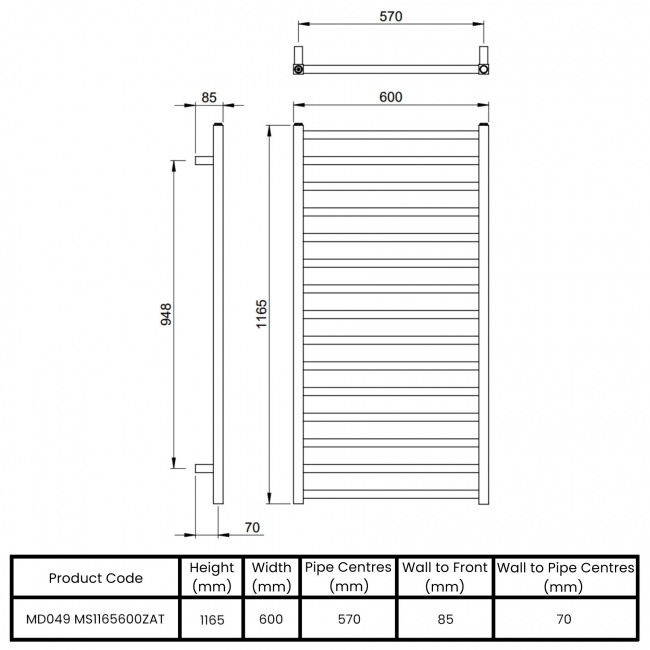 Vogue Serene Designer Heated Towel Rail 1165mm H x 600mm W - Anthracite  | Dimension Image