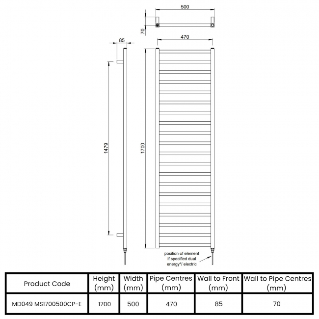 Vogue Serene Designer Electric Heated Towel Rail 1700mm H x 500mm W - Chrome  | Dimension Image