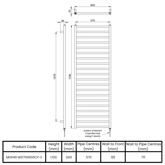 Vogue Serene Designer Electric Heated Towel Rail 1700mm H x 600mm W - Chrome  | Dimension Image