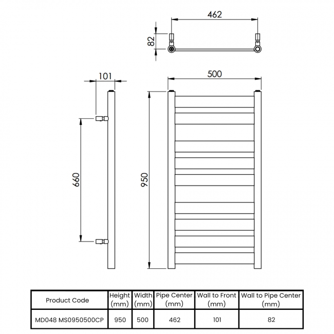Vogue Vela Designer Heated Towel Rail 950mm H x 500mm W - Chrome  | Dimension Image