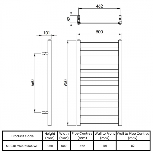 Vogue Vela Designer Heated Towel Rail 950mm H x 500mm W - White  | Dimension Image