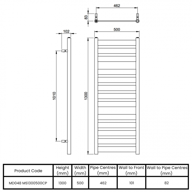 Vogue Vela Designer Heated Towel Rail 1300mm H x 500mm W - Chrome  | Dimension Image
