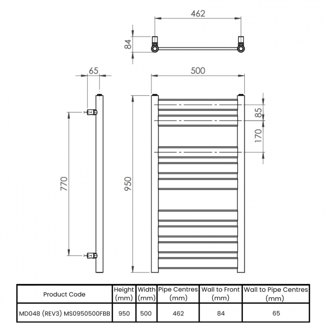 Vogue Vela Designer Heated Towel Rail 950mm H x 500mm W - Focus Brushed Brass  | Dimension Image