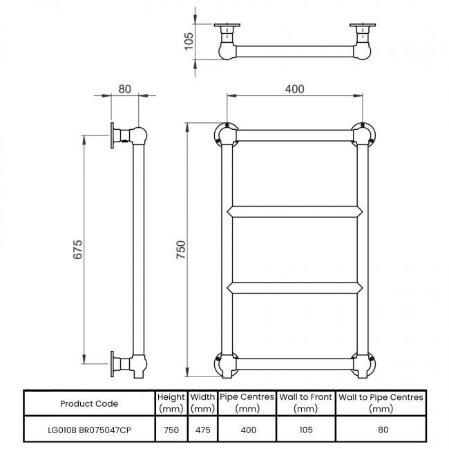 Vogue Vintage Wall Mounted Heated Towel Rail 750mm H x 475mm W - Chrome  | Dimension Image