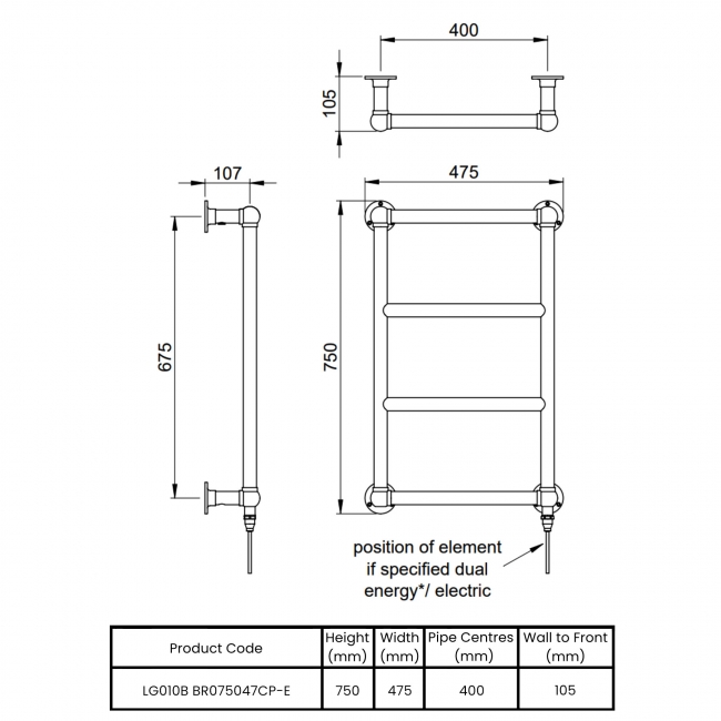 Vogue Vintage Electric Wall Mounted Heated Towel Rail 750mm H x 475mm W - Chrome  | Dimension Image
