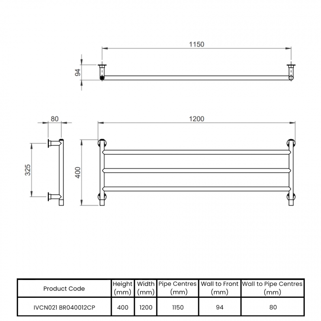 Vogue Vivid IV Horizontal Heated Towel Rail 400mm H x 1200mm W - Chrome  | Dimension Image