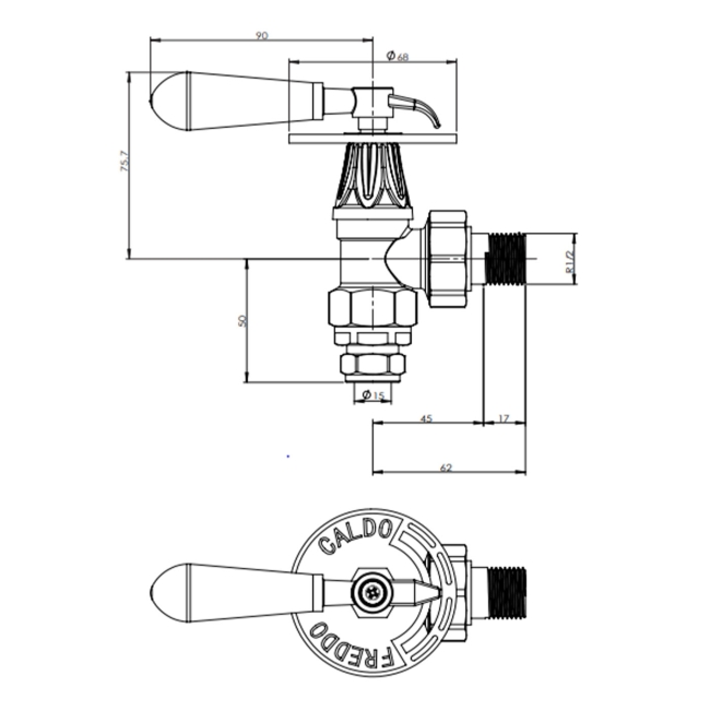 West Abbey Throttle Angled Manual Radiator Valve and Lockshield - Old English Brass  | Dimension Image