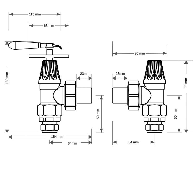 West Abbey Throttle Angled Manual Radiator Valve and Lockshield - Light Pewter