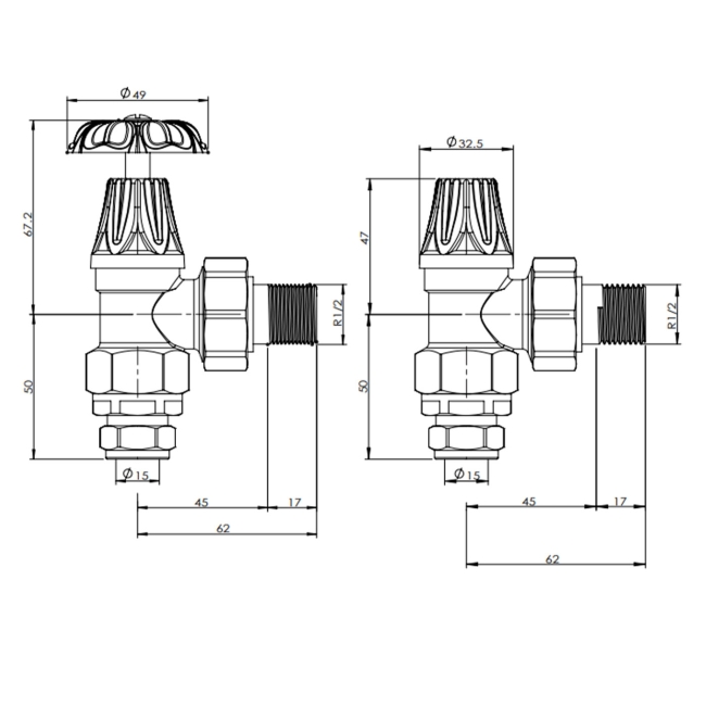 West Abbey Angled Manual Radiator Valve and Lockshield - Old English Brass  | Dimension Image