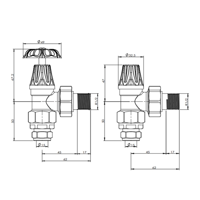 West Abbey Angled Manual Radiator Valve and Lockshield - Light Pewter  | Dimension Image