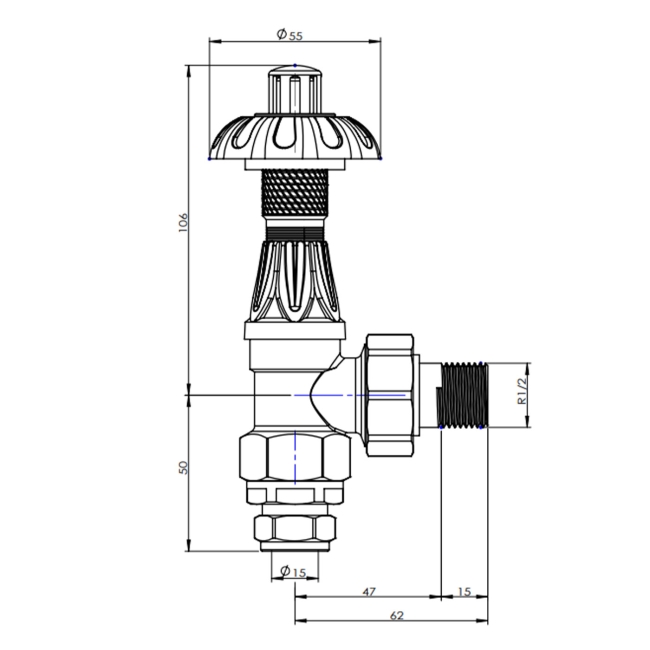 West Abbey Angled TRV Thermostatic Radiator Valve and Lockshield - Old English Brass  | Dimension Image