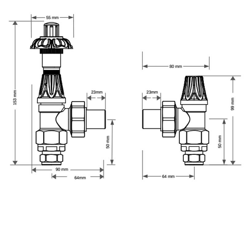 West Abbey Angled TRV Thermostatic Radiator Valve and Lockshield - Old English Brass