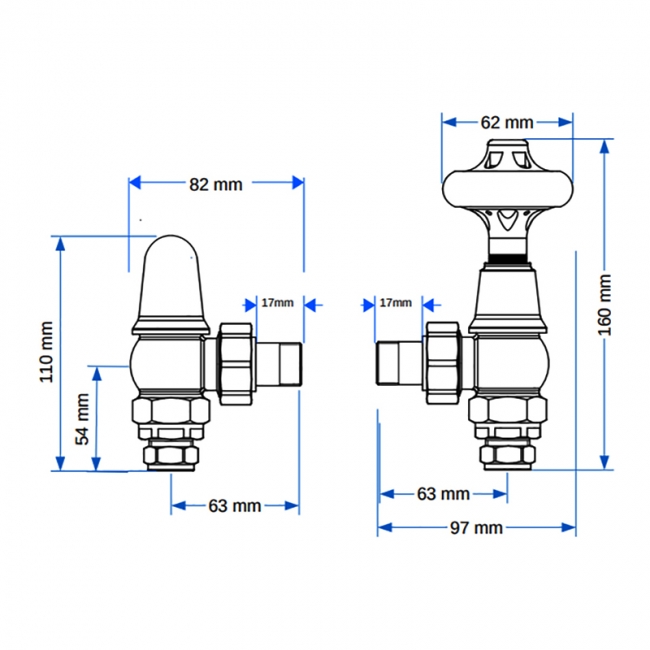 West Admiral Angled Thermostatic Radiator Valve and Lockshield - Antique Brass