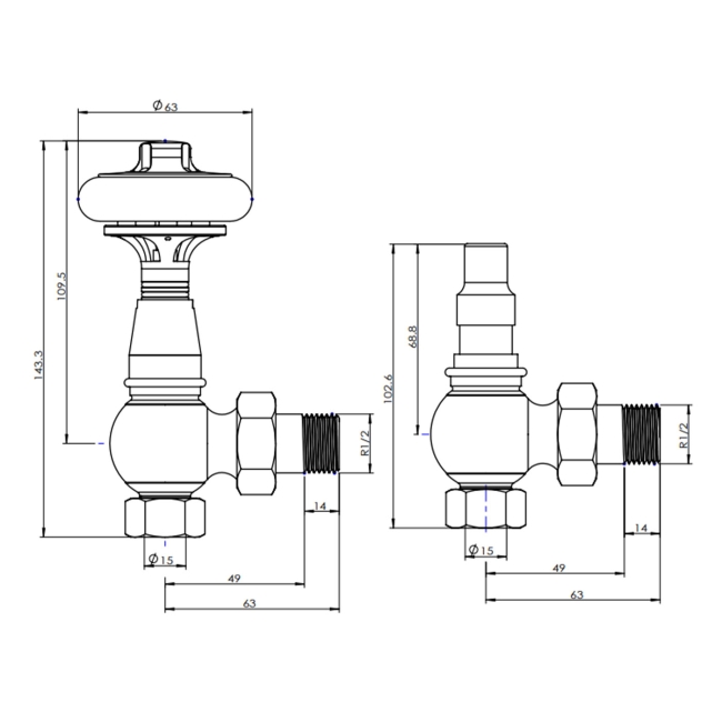 West Amberley Angled Thermostatic Radiator Valve and Lockshield - Black Nickel  | Dimension Image