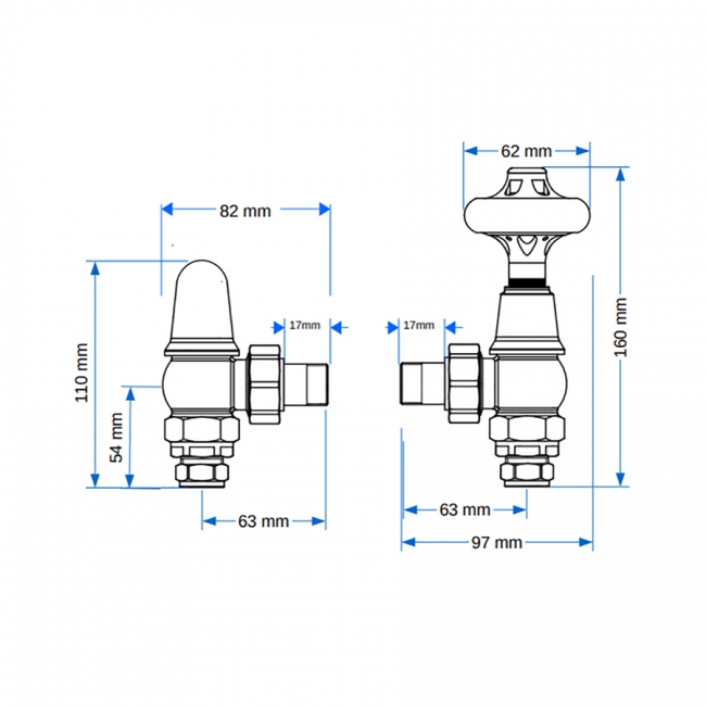 West Commodore Traditional Angled Manual Radiator Valve and Lockshield - Pewter