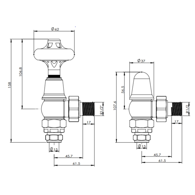 West Commodore Traditional Angled Manual Radiator Valve and Lockshield - Antique Brass  | Dimension Image